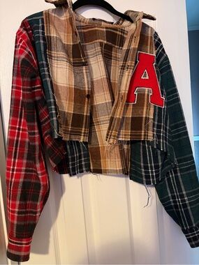 AKIRA Red, Green & Brown Plaid Cropped Patchwork Jacket with Red 'A' Patch